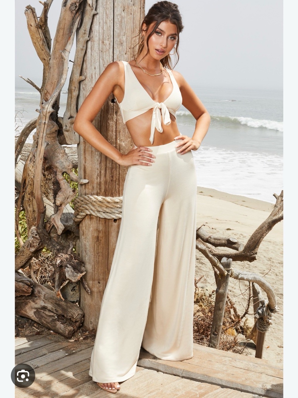 Oh Polly Flare to dream SET- Tie-Front Crop Top & Wide-Leg Pants Set — Cream